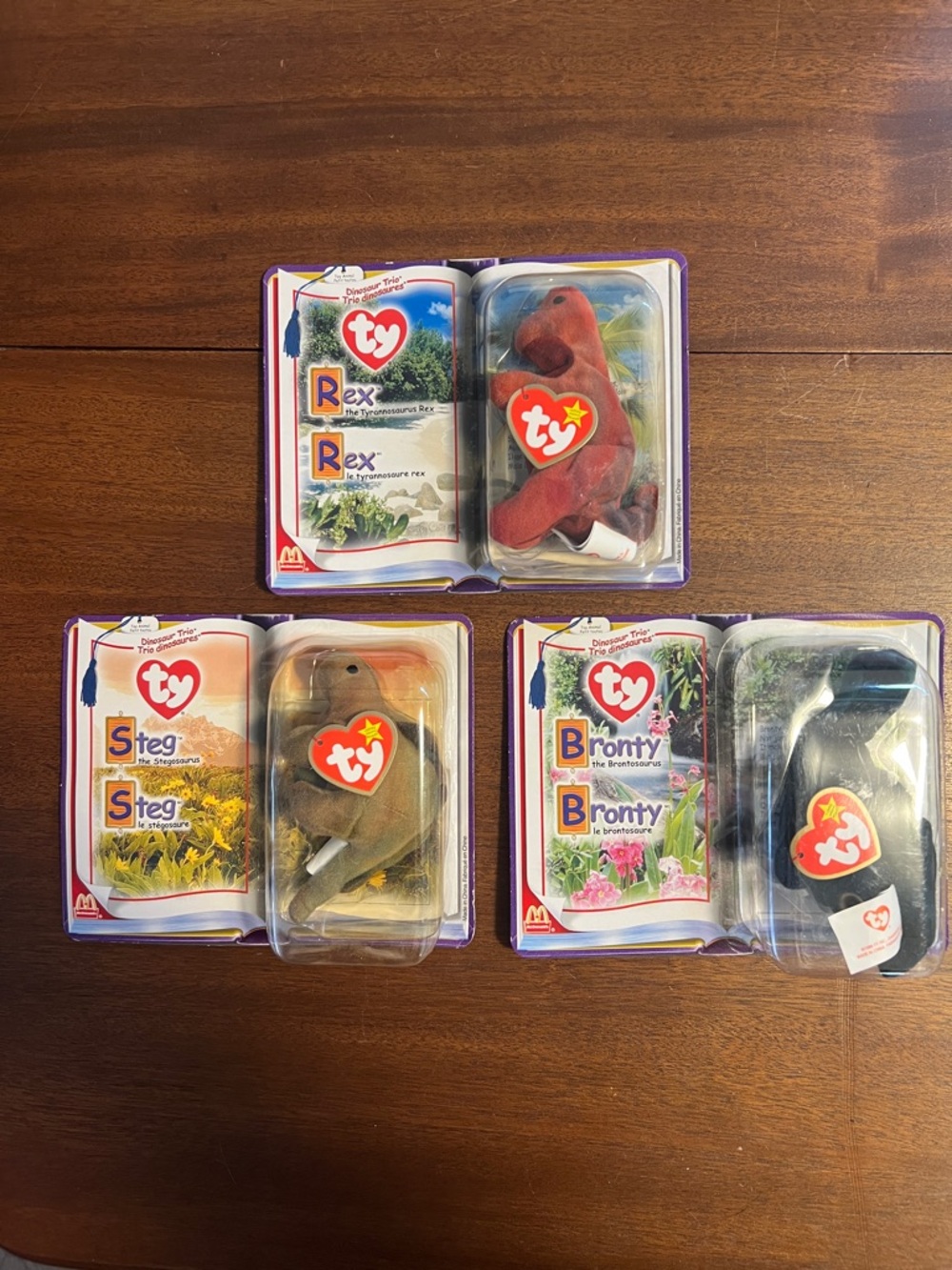 2000 McDonald's SET of 3 Ty Beanie Babies Dinosaur trio of REX, STEG and BRONTY